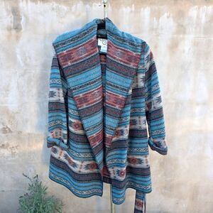 Cripple creek Navajo Tie Front Blanket Wrap Jacket W/ Hood turquoise and red col